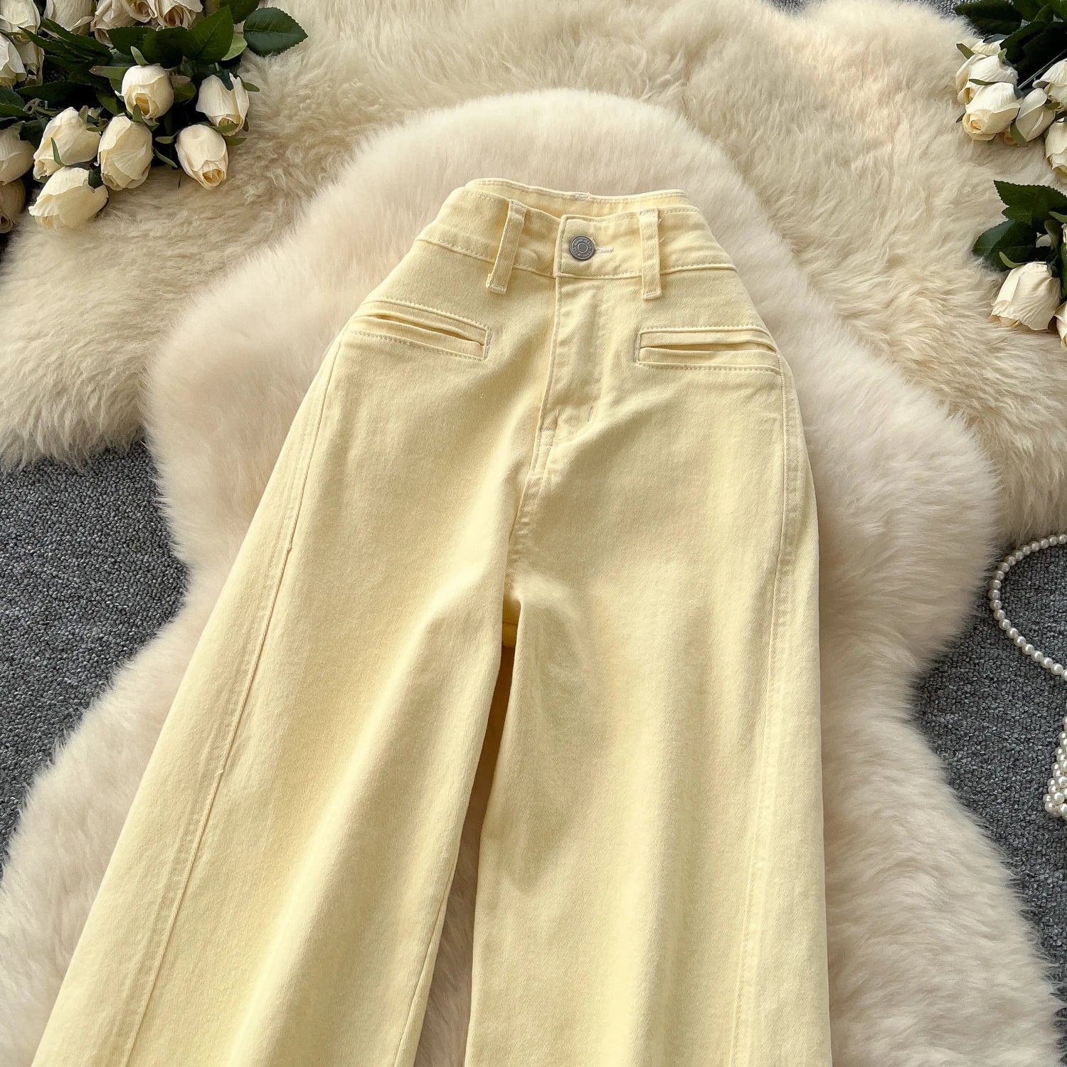 Weekend Skinny High Waist Denim Trousers Straight Cut Streetwear Pants Button Woven