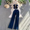 European and American Metal Buckle Strapless tank Top Short Top High Waisted Denim Pants Two Piece Set