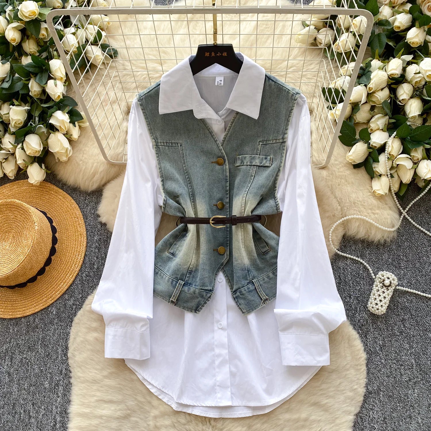 Fall Vintage 2 Piece Set for Women Tunic Top And Slim Denim Suit Ropa Wholesale