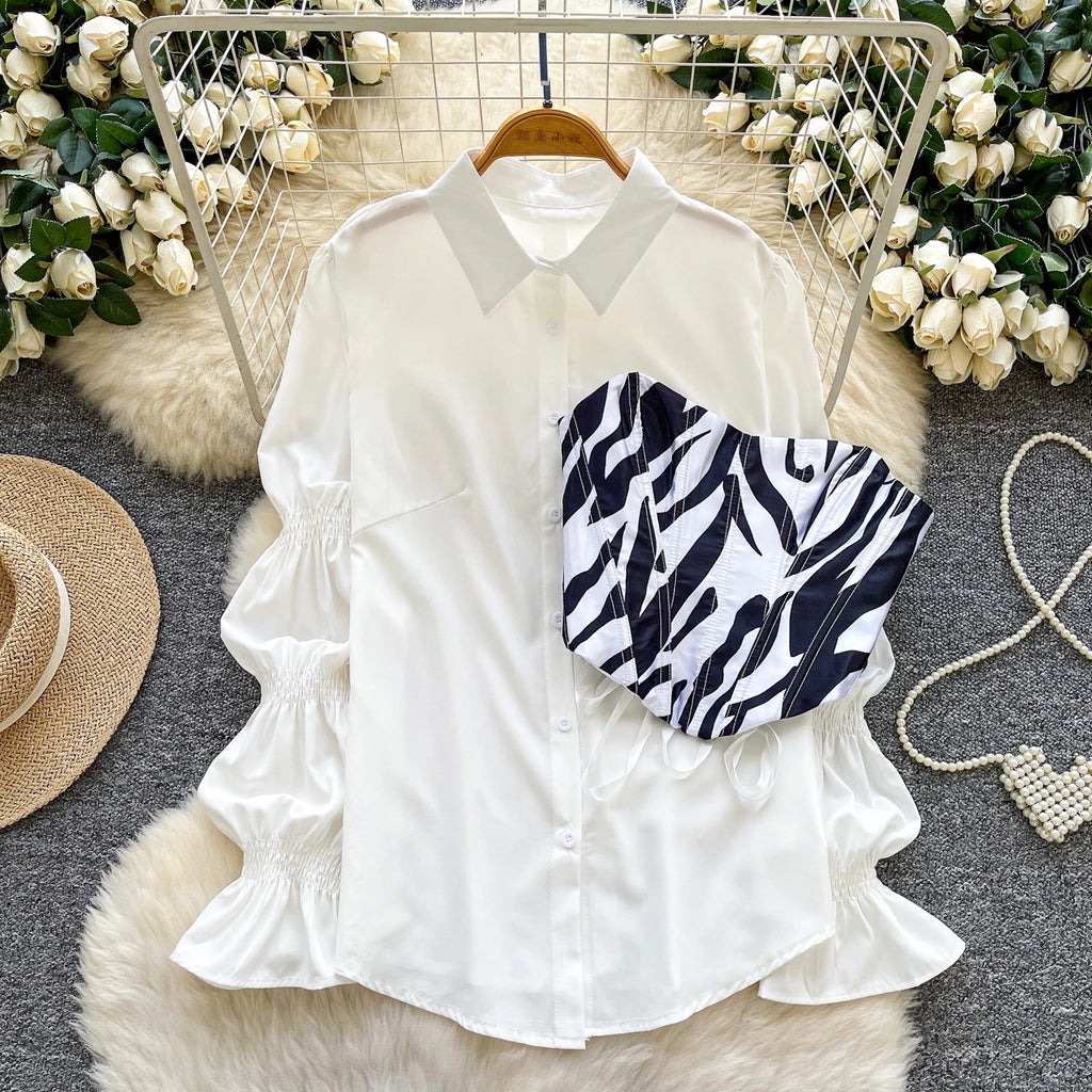 Fall Sweet 2 Piece Set for Women Puff Sleeve Tunic Top And Slim Suit Ropa Wholesale