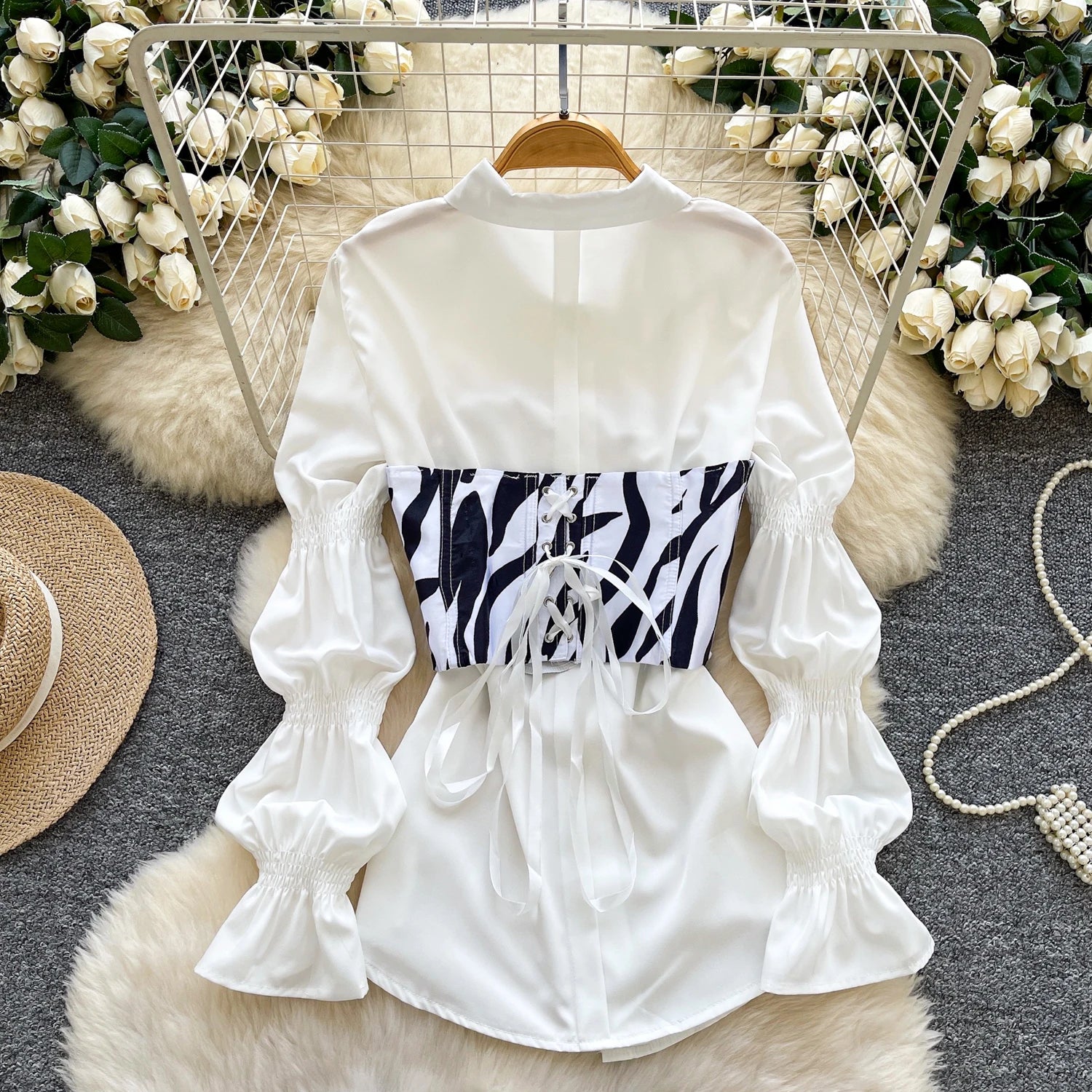 Fall Sweet 2 Piece Set for Women Puff Sleeve Tunic Top And Slim Suit Ropa Wholesale