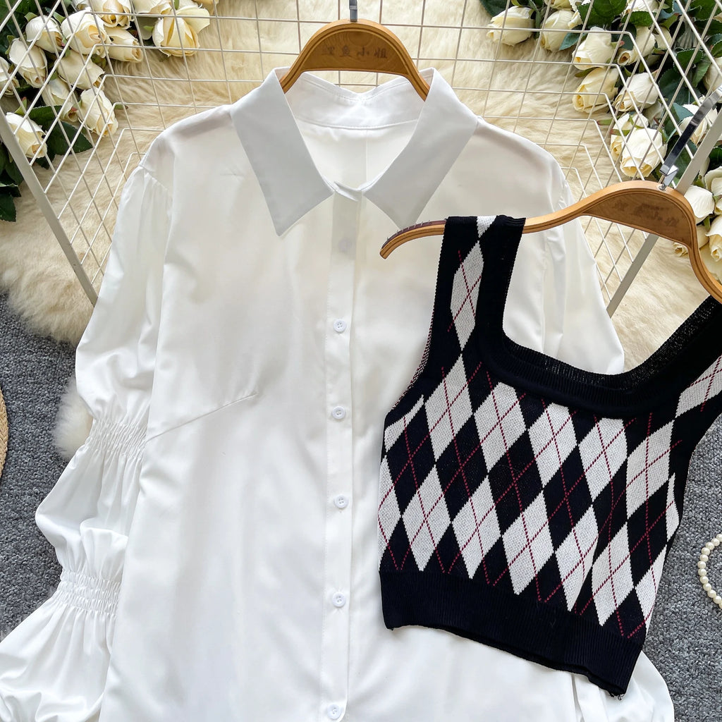 Fall Korean 2 Piece Set for Women Puff Sleeve Crop Top And Knitted Suit Clothing Wholesale