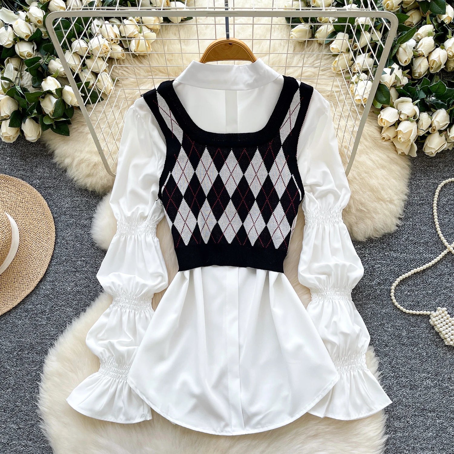 Fall Korean 2 Piece Set for Women Puff Sleeve Crop Top And Knitted Suit Clothing Wholesale