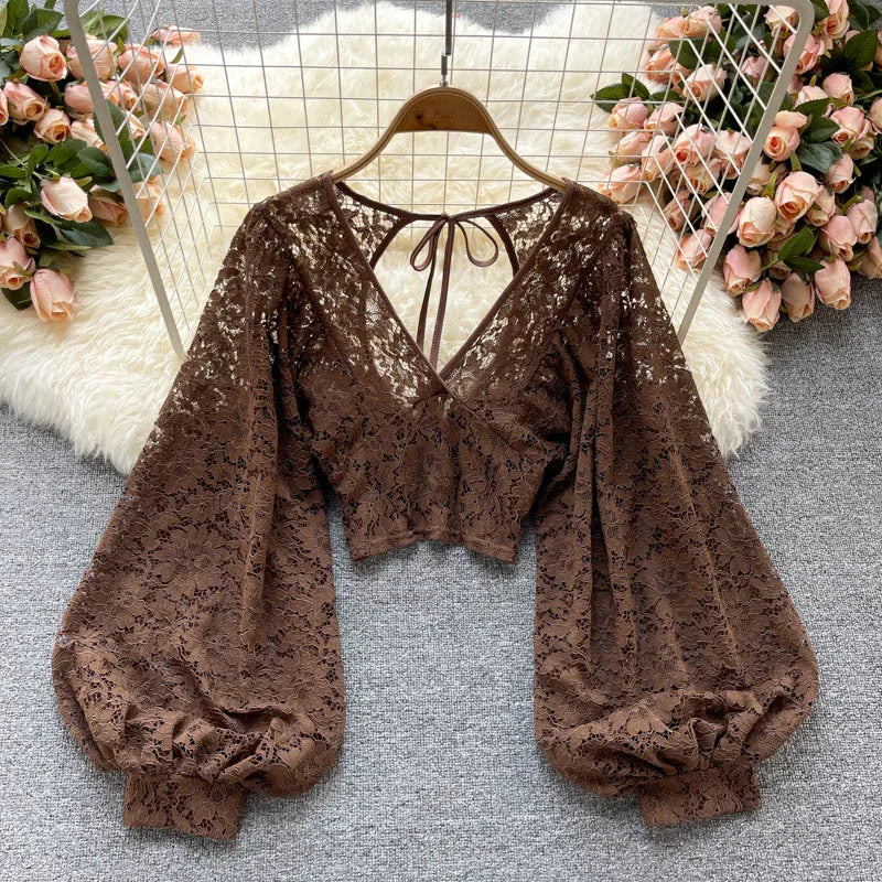 ANSZKTN Tie With Backless Thin Short Perspective Hook Flower Lace Shirt Autumn New Korean Version of Foreign Style Small Shirt