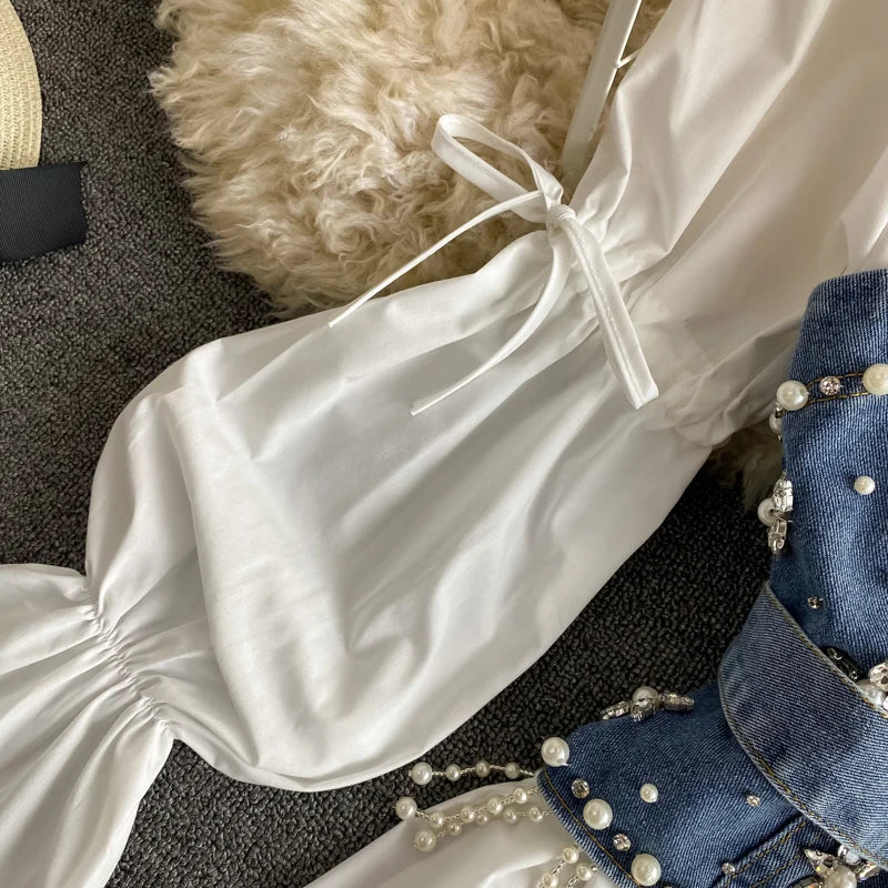 Spring Women's   Shirt Diamond Beaded Puff Sleeve Long Shirt Top Tassel Pearl Sling Vest Two-Piece Set Ladies Blouses