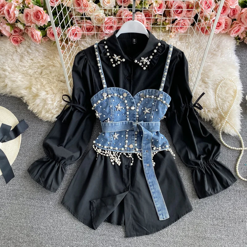 Spring Women's   Shirt Diamond Beaded Puff Sleeve Long Shirt Top Tassel Pearl Sling Vest Two-Piece Set Ladies Blouses