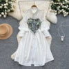 Spring Vintage Sun Midi Dress For Women Puff Sleeve Empire Patchwork Lace Dress
