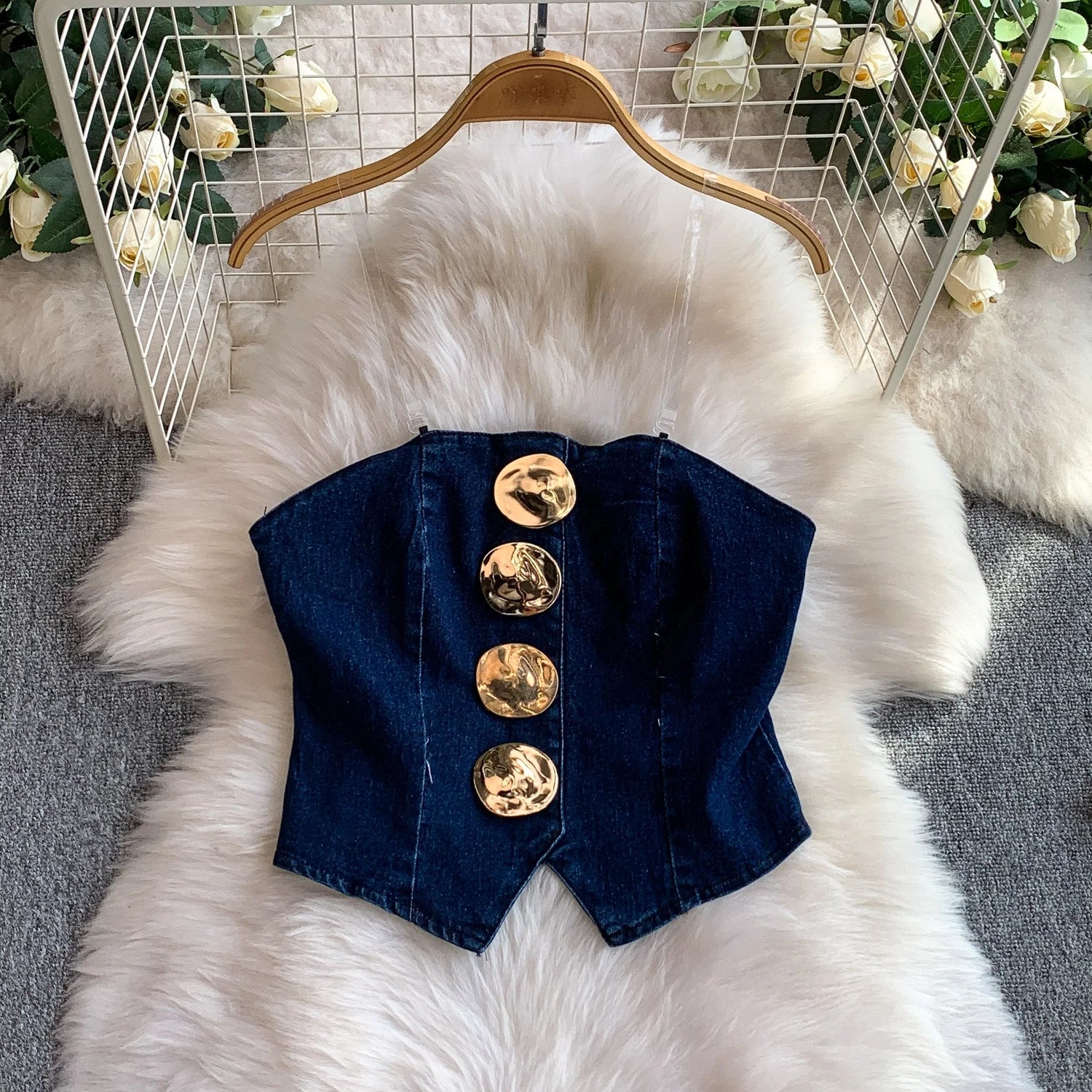 European and American Metal Buckle Strapless tank Top Short Top High Waisted Denim Pants Two Piece Set