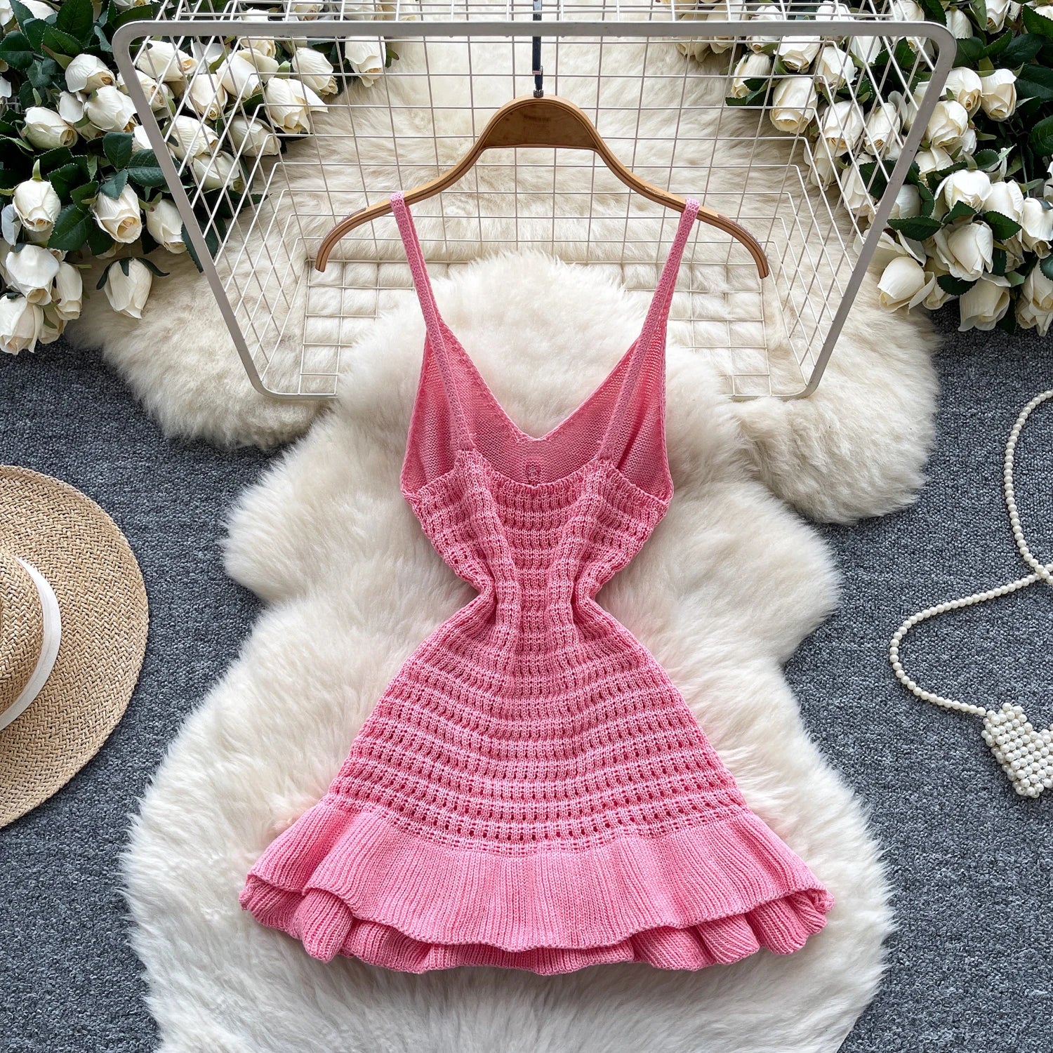 A women’s summer tunic hip midi dress with an empire waist, ruffled lace detailing, and a fitted silhouette.