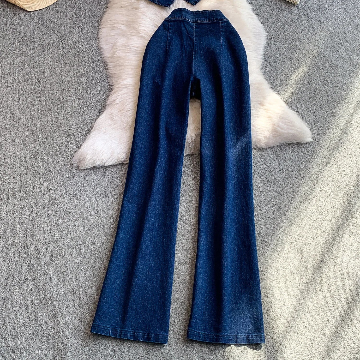 European and American Metal Buckle Strapless tank Top Short Top High Waisted Denim Pants Two Piece Set