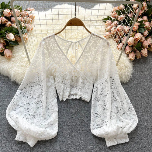 ANSZKTN Tie With Backless Thin Short Perspective Hook Flower Lace Shirt Autumn New Korean Version of Foreign Style Small Shirt