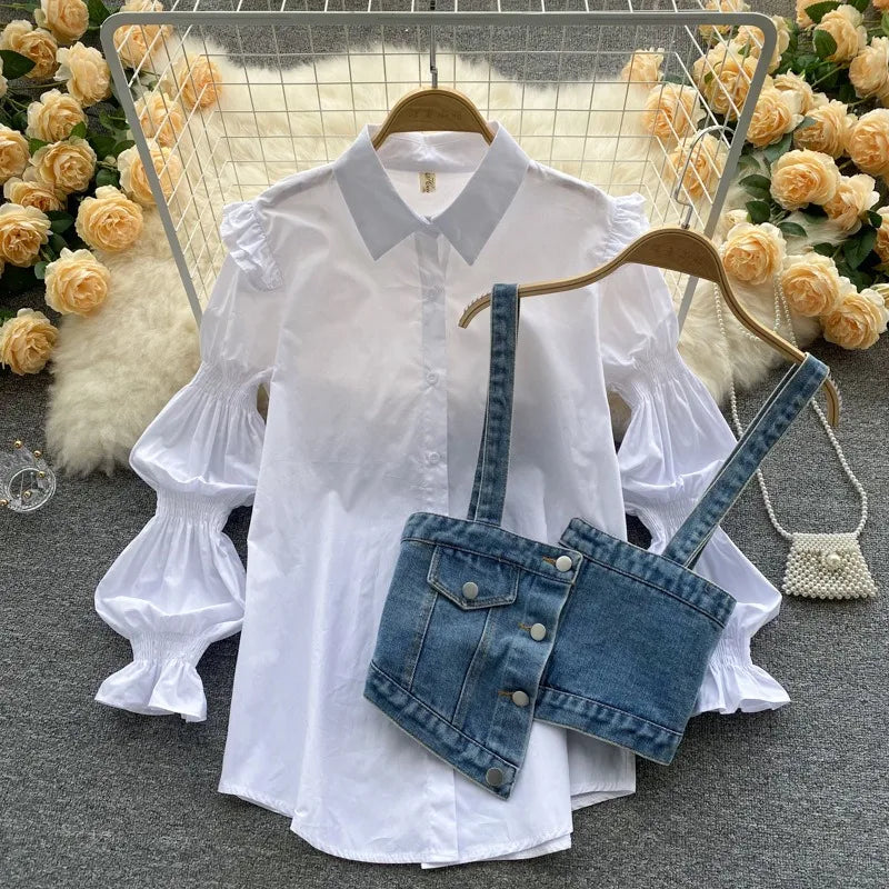 ANSZKTN Womem Spring Autumn Sweet Style Waistband White Long Sleeve Shirt Jean Denim Vest Two Piece Shirt Top Blouses Shirts