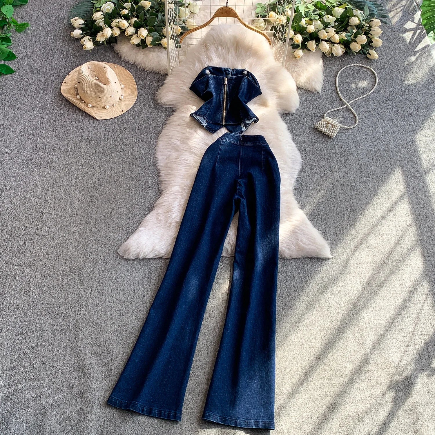 European and American Metal Buckle Strapless tank Top Short Top High Waisted Denim Pants Two Piece Set