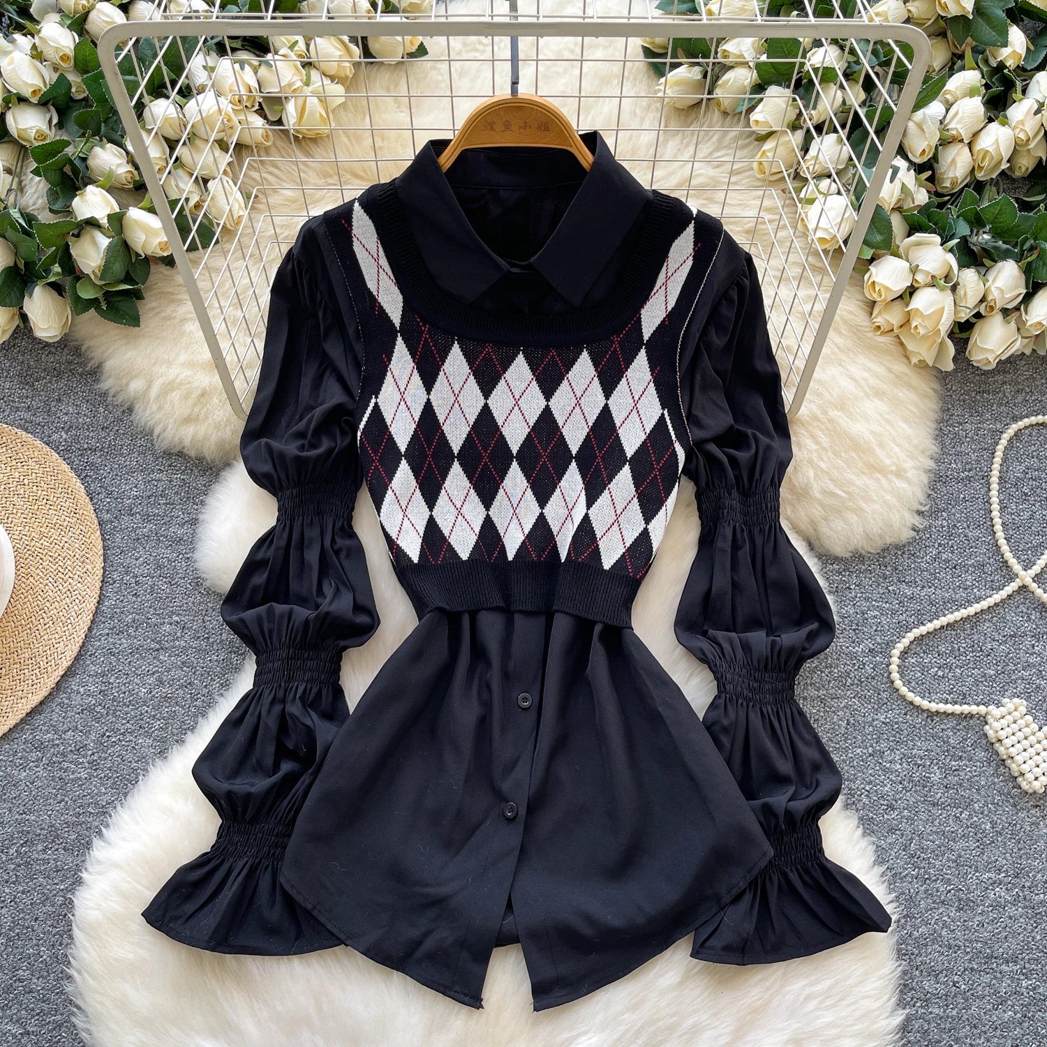 Fall Korean 2 Piece Set for Women Puff Sleeve Crop Top And Knitted Suit Clothing Wholesale