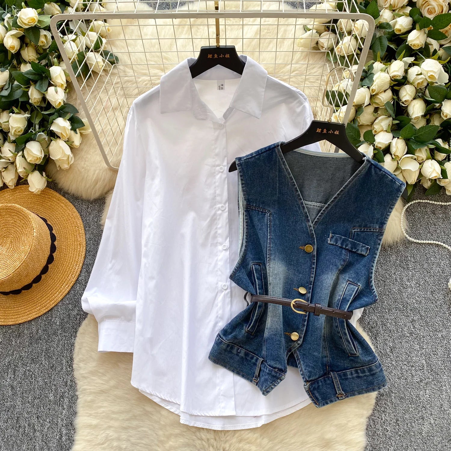 Fall Vintage 2 Piece Set for Women Tunic Top And Slim Denim Suit Ropa Wholesale