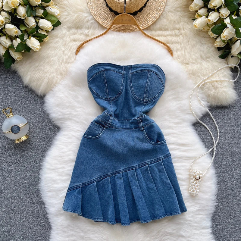 Hottie Strapless Wearing Summer New Slim-Fit Denim A-Line Dress