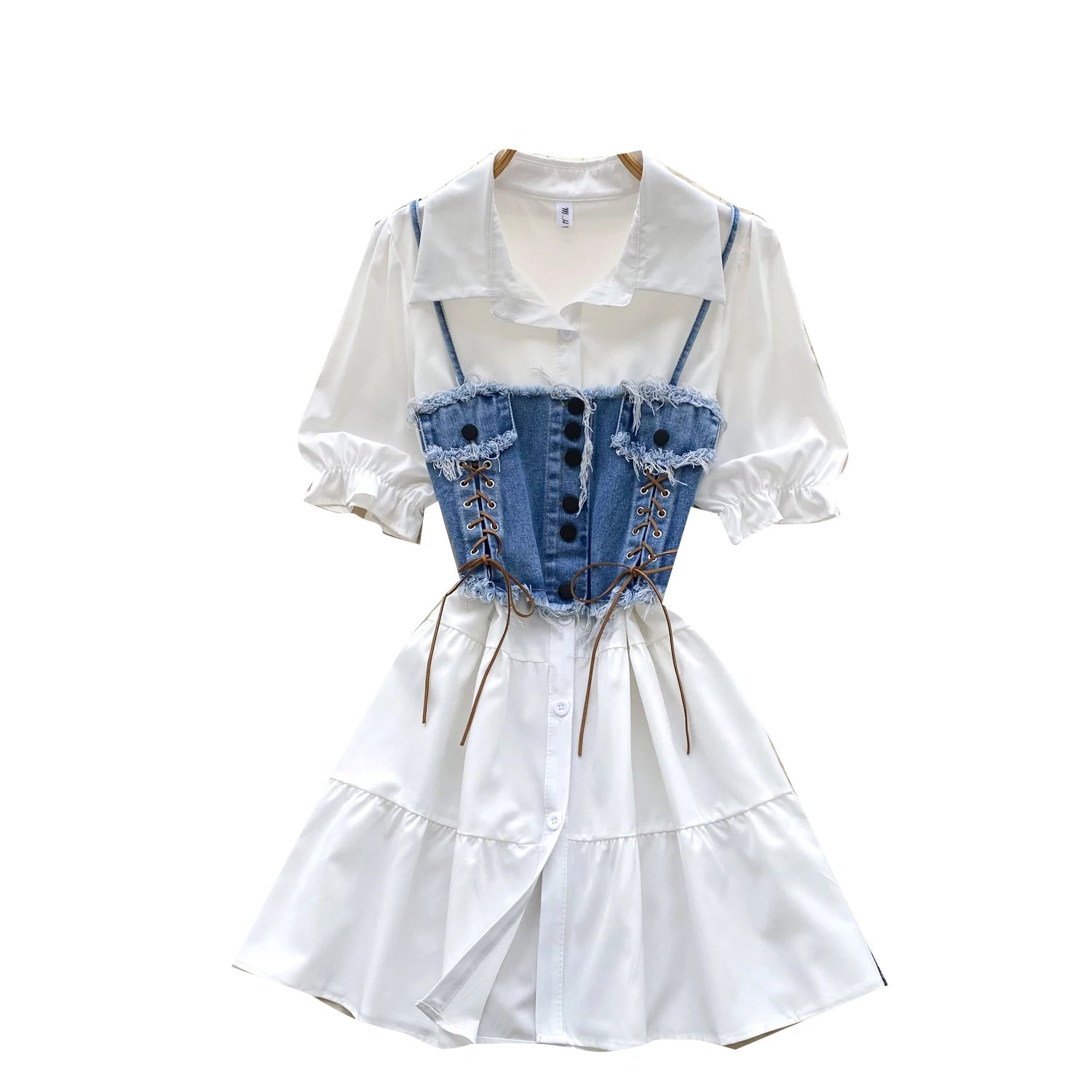 Women's Roman Sets Polo Collar Bandage Top And Denim Maxi Dress Set Ropa Wholesale