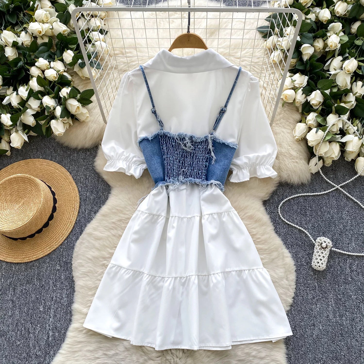 Women's Roman Sets Polo Collar Bandage Top And Denim Maxi Dress Set Ropa Wholesale