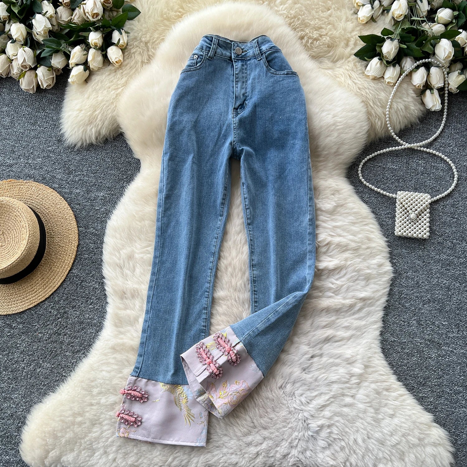 Autumn Diamonds Casual Jeans Women Print High Waist Denim Pants Girls Outdoor Pants Wholesale