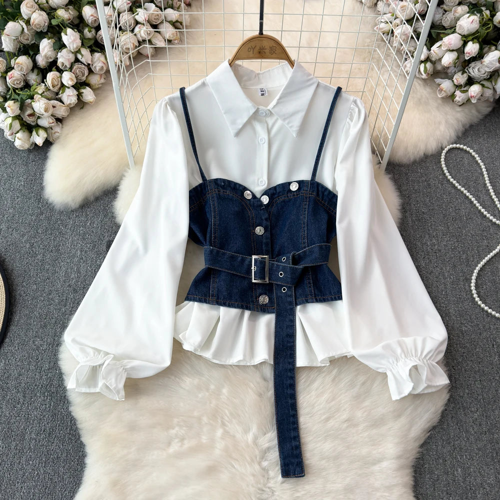 Boutique Wholesale 2025 Summer New Fashionable Retro Denim Tank Top Versatile Bubble Sleeve Loose Shirt Women's Set