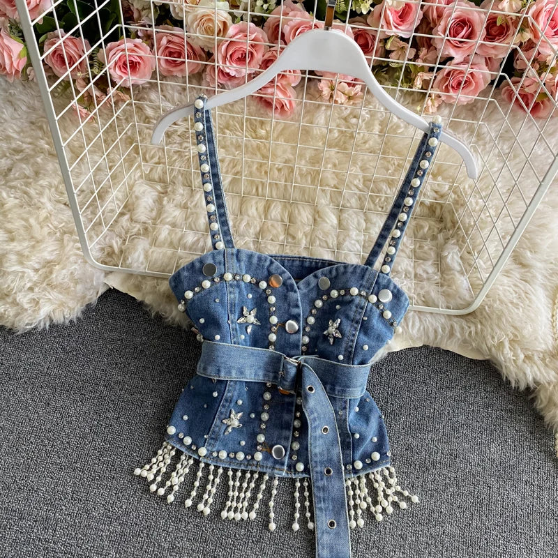 Spring Women's   Shirt Diamond Beaded Puff Sleeve Long Shirt Top Tassel Pearl Sling Vest Two-Piece Set Ladies Blouses