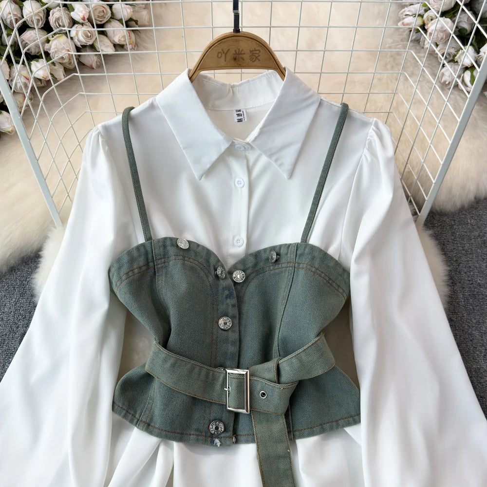 Boutique Wholesale 2025 Summer New Fashionable Retro Denim Tank Top Versatile Bubble Sleeve Loose Shirt Women's Set