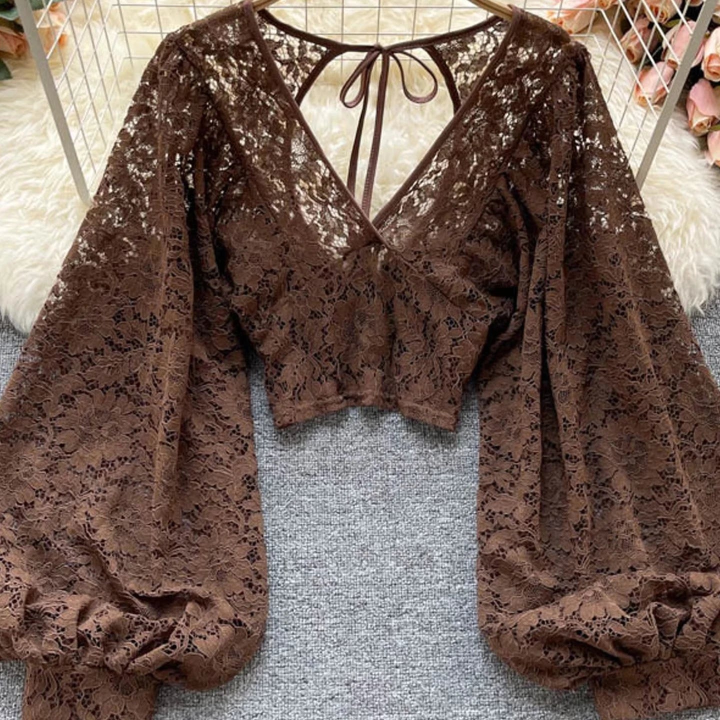 ANSZKTN Tie With Backless Thin Short Perspective Hook Flower Lace Shirt Autumn New Korean Version of Foreign Style Small Shirt