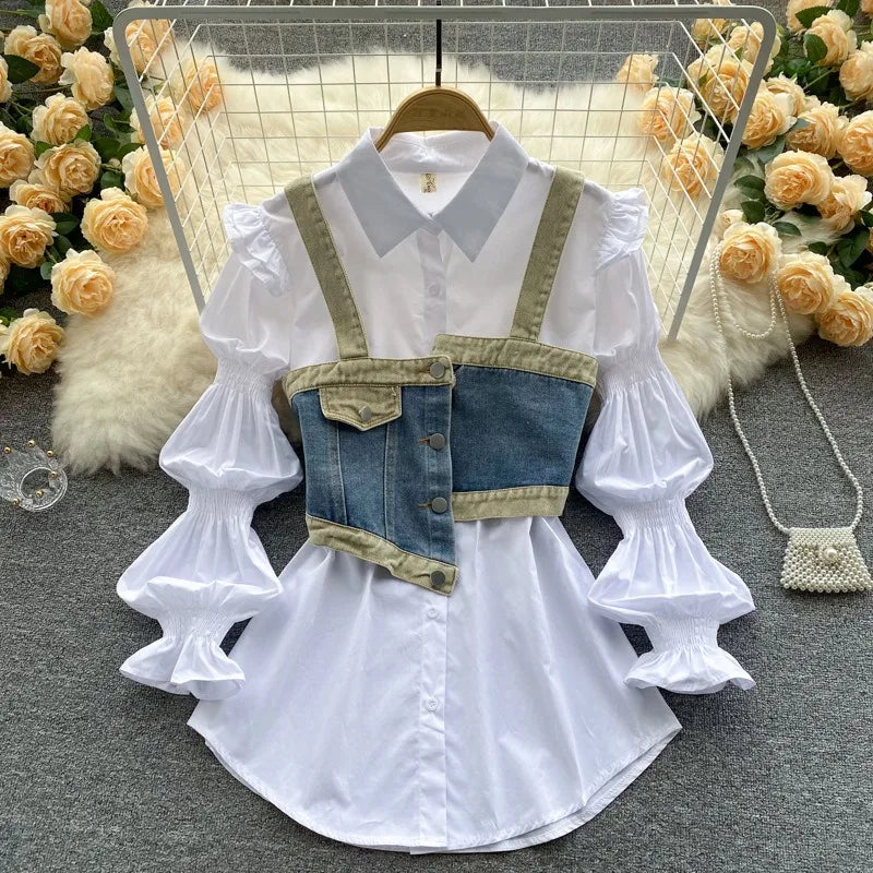 ANSZKTN Womem Spring Autumn Sweet Style Waistband White Long Sleeve Shirt Jean Denim Vest Two Piece Shirt Top Blouses Shirts