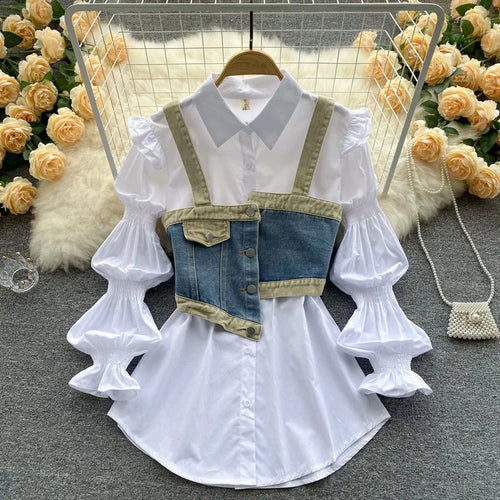 ANSZKTN Womem Spring Autumn Sweet Style Waistband White Long Sleeve Shirt Jean Denim Vest Two Piece Shirt Top Blouses Shirts