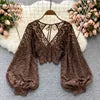 ANSZKTN Tie With Backless Thin Short Perspective Hook Flower Lace Shirt Autumn New Korean Version of Foreign Style Small Shirt