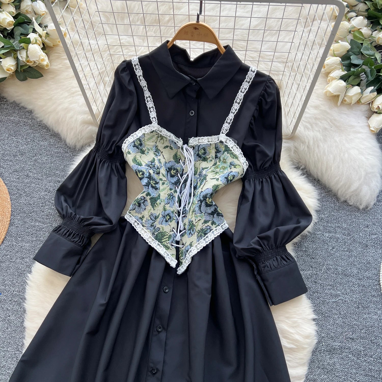 Spring Vintage Sun Midi Dress For Women Puff Sleeve Empire Patchwork Lace Dress