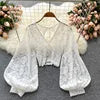 ANSZKTN Tie With Backless Thin Short Perspective Hook Flower Lace Shirt Autumn New Korean Version of Foreign Style Small Shirt