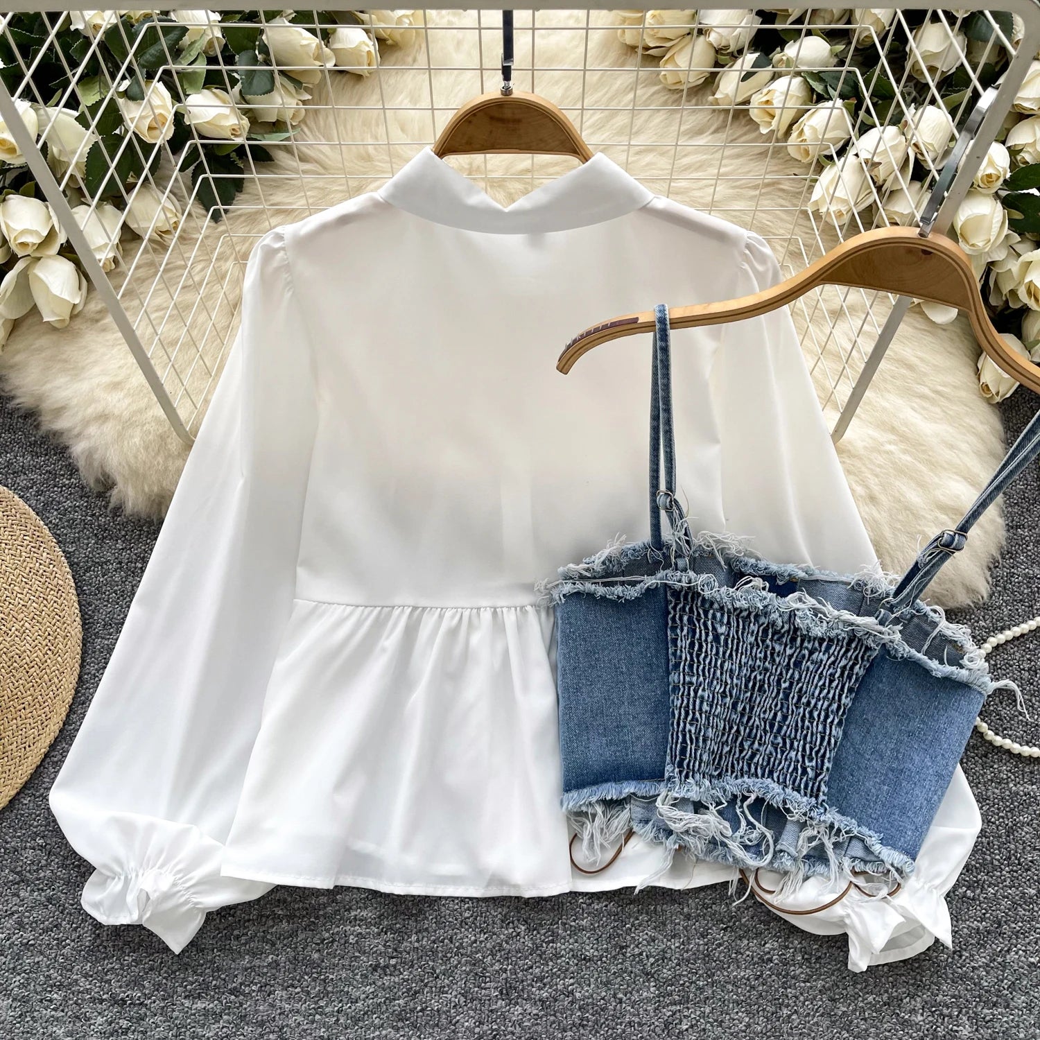 Vintage 2 Piece Set For Women Tunic Bandage Top And Denim Set Clothing Wholesale