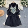 Spring Vintage Sun Midi Dress For Women Puff Sleeve Empire Patchwork Lace Dress