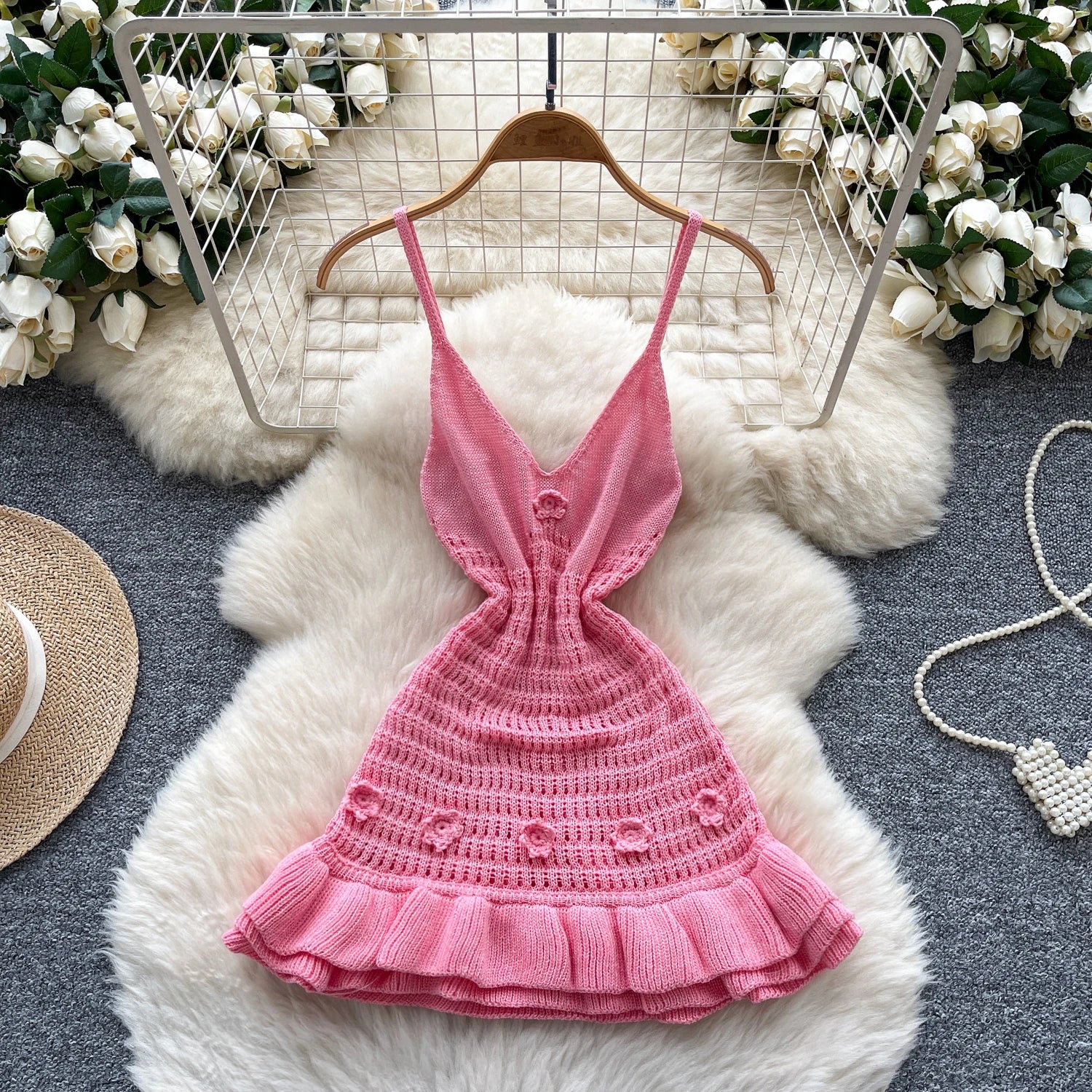 A women’s summer tunic hip midi dress with an empire waist, ruffled lace detailing, and a fitted silhouette.