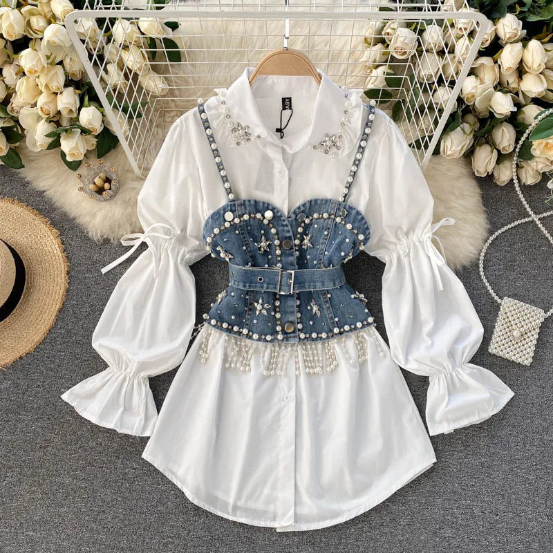 Spring Women's   Shirt Diamond Beaded Puff Sleeve Long Shirt Top Tassel Pearl Sling Vest Two-Piece Set Ladies Blouses