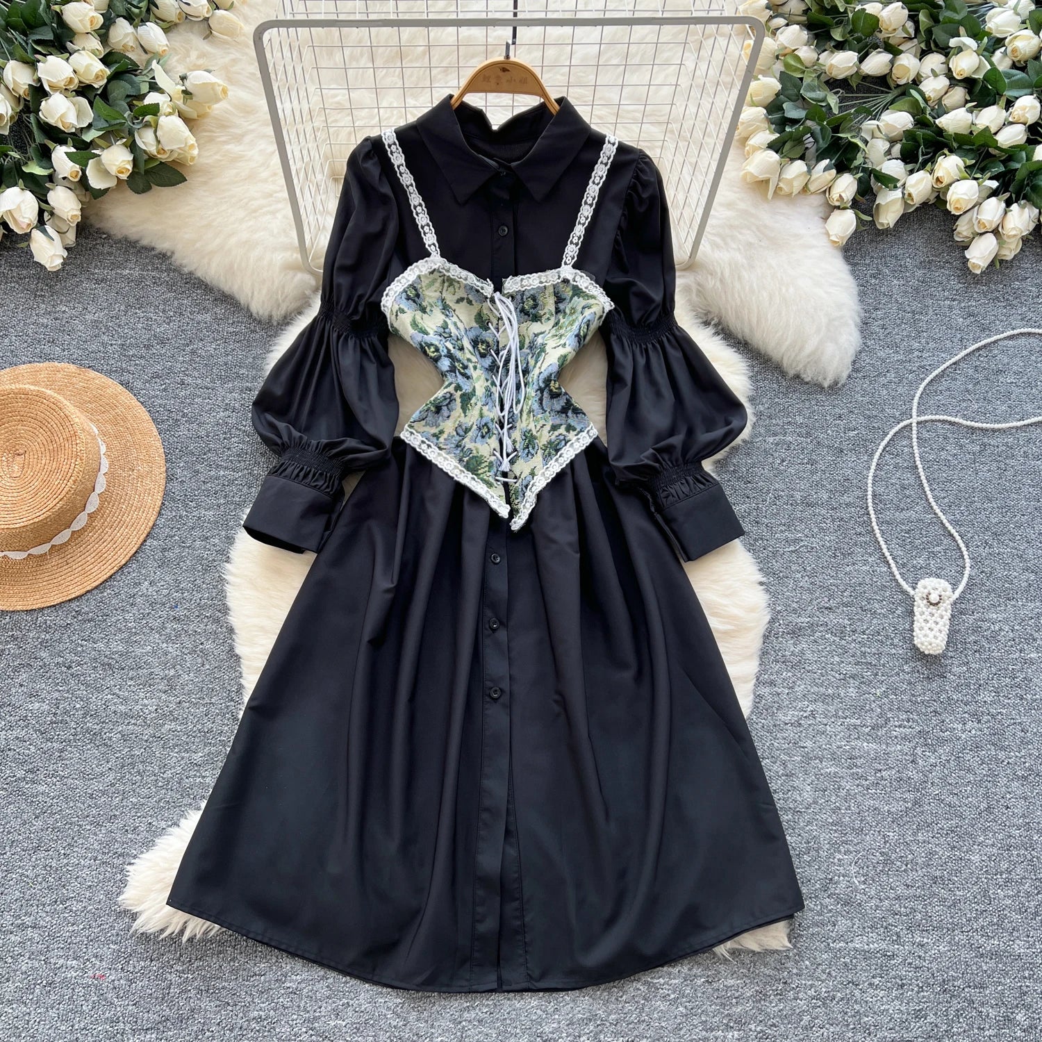 Spring Vintage Sun Midi Dress For Women Puff Sleeve Empire Patchwork Lace Dress