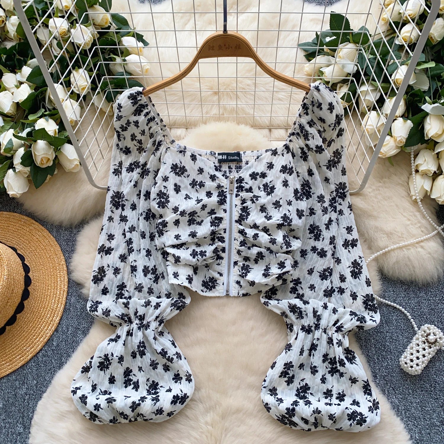 Full Sleeve Square Collar Casual Blouses Women Lantern Sleeve Floral Zippers Shirts Ladies Y2k Tops Clothes Women Wholesale