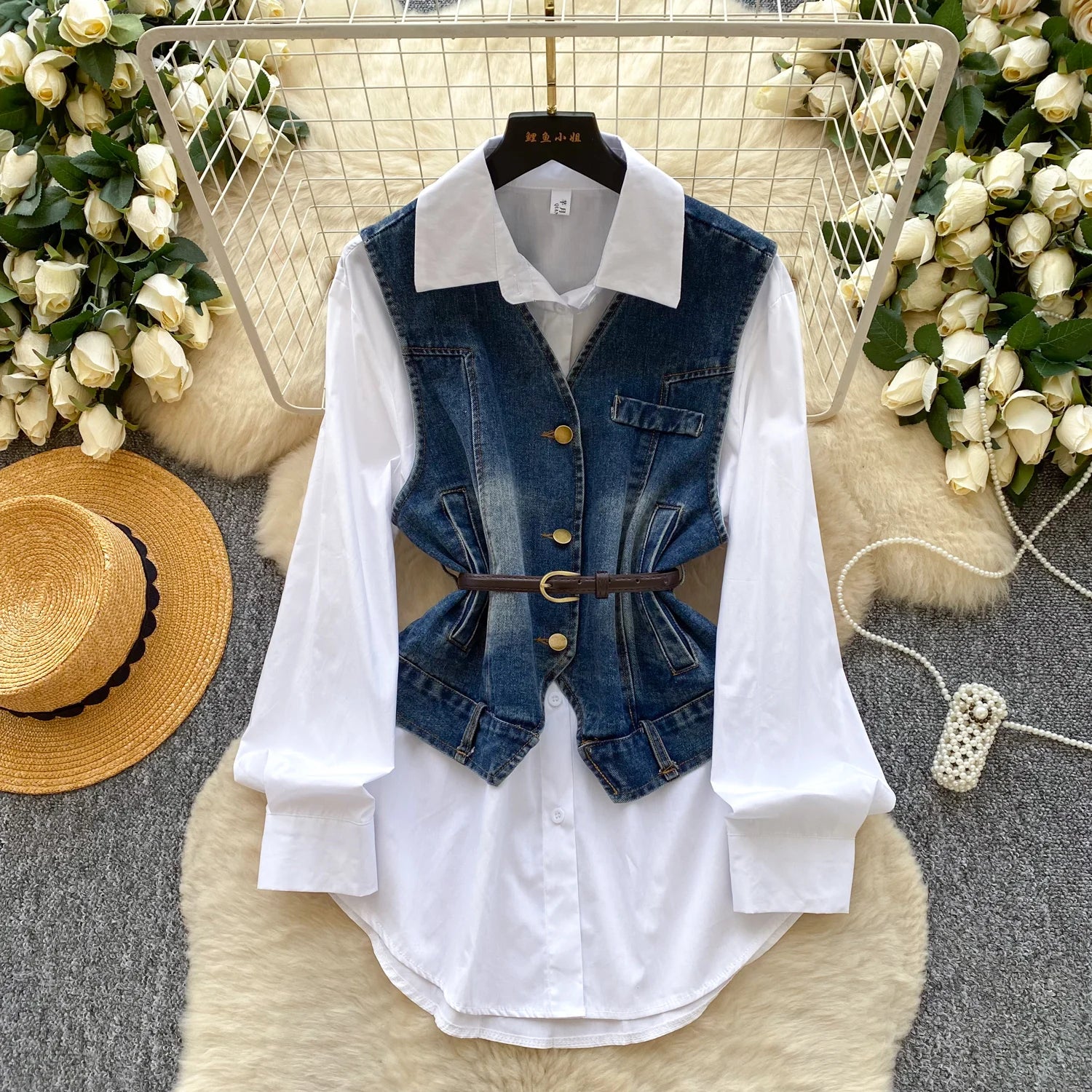 Fall Vintage 2 Piece Set for Women Tunic Top And Slim Denim Suit Ropa Wholesale