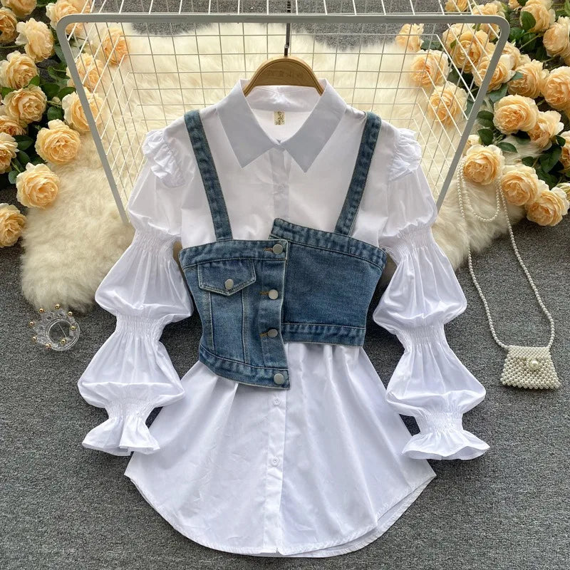 ANSZKTN Womem Spring Autumn Sweet Style Waistband White Long Sleeve Shirt Jean Denim Vest Two Piece Shirt Top Blouses Shirts