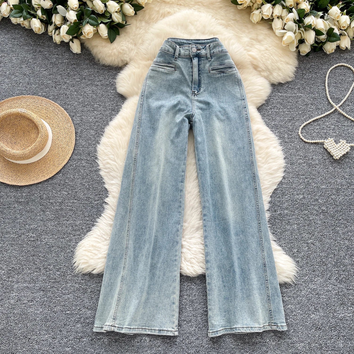 Weekend Skinny High Waist Denim Trousers Straight Cut Streetwear Pants Button Woven