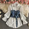 Spring Women's   Shirt Diamond Beaded Puff Sleeve Long Shirt Top Tassel Pearl Sling Vest Two-Piece Set Ladies Blouses
