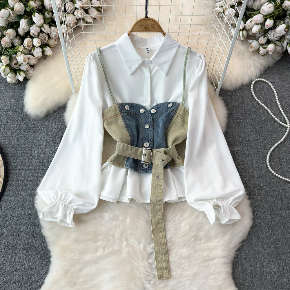 Boutique Wholesale 2025 Summer New Fashionable Retro Denim Tank Top Versatile Bubble Sleeve Loose Shirt Women's Set