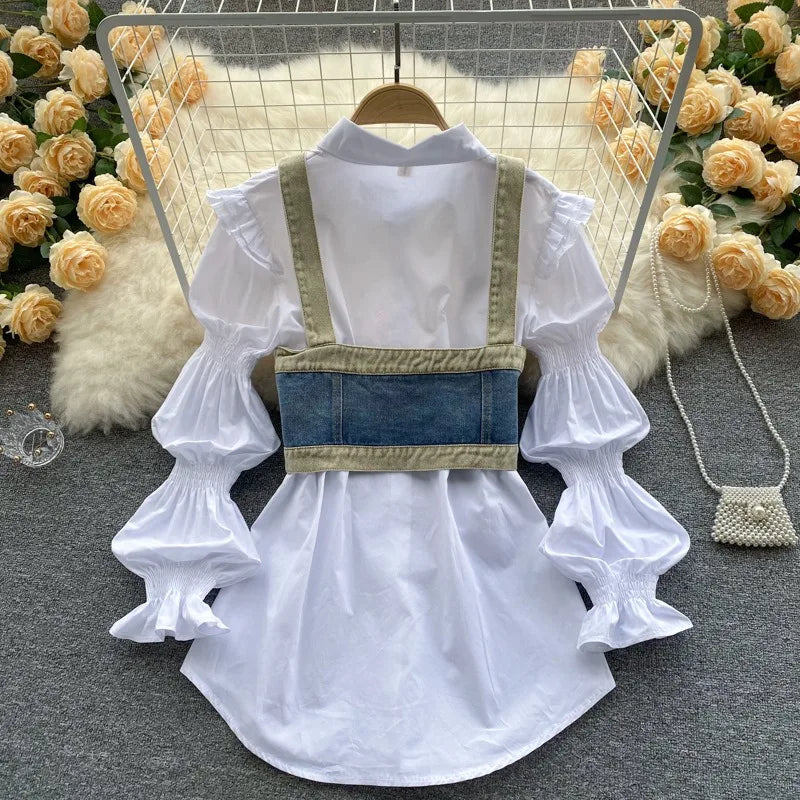 ANSZKTN Womem Spring Autumn Sweet Style Waistband White Long Sleeve Shirt Jean Denim Vest Two Piece Shirt Top Blouses Shirts