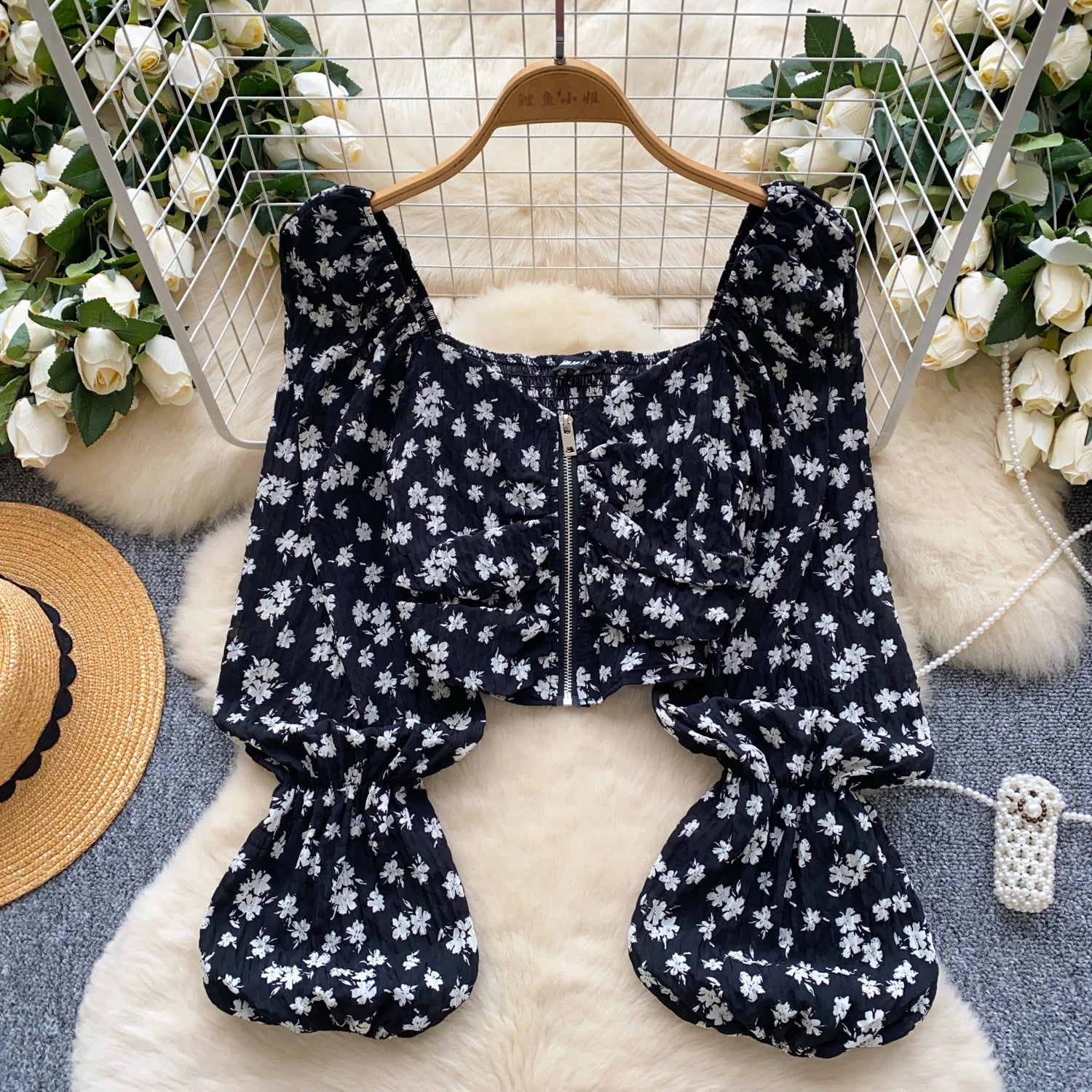 Full Sleeve Square Collar Casual Blouses Women Lantern Sleeve Floral Zippers Shirts Ladies Y2k Tops Clothes Women Wholesale