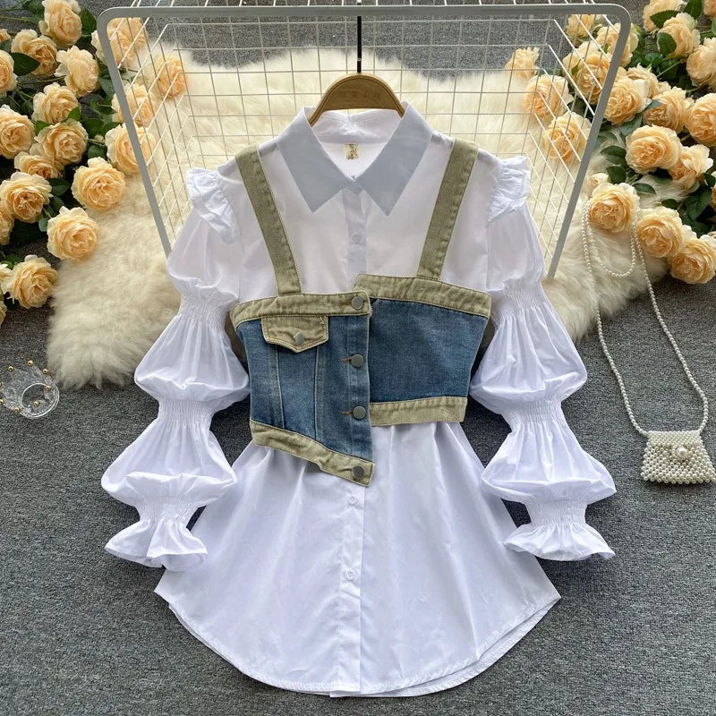 ANSZKTN Womem Spring Autumn Sweet Style Waistband White Long Sleeve Shirt Jean Denim Vest Two Piece Shirt Top Blouses Shirts
