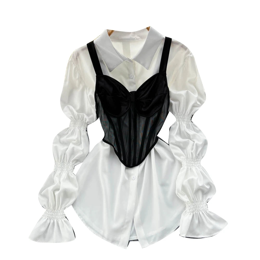 Fall Women's Elegant Sets Puff Sleeve Tube Top And Shirt Dress Set Ropa Wholesale