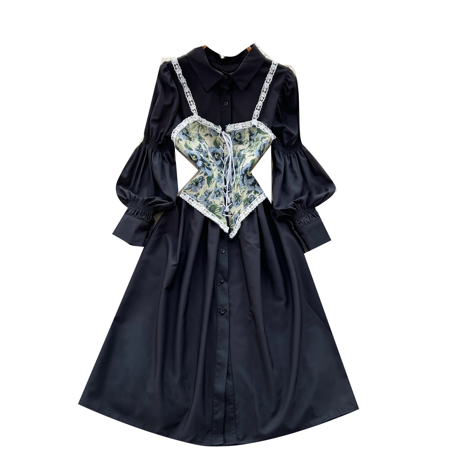 Spring Vintage Sun Midi Dress For Women Puff Sleeve Empire Patchwork Lace Dress