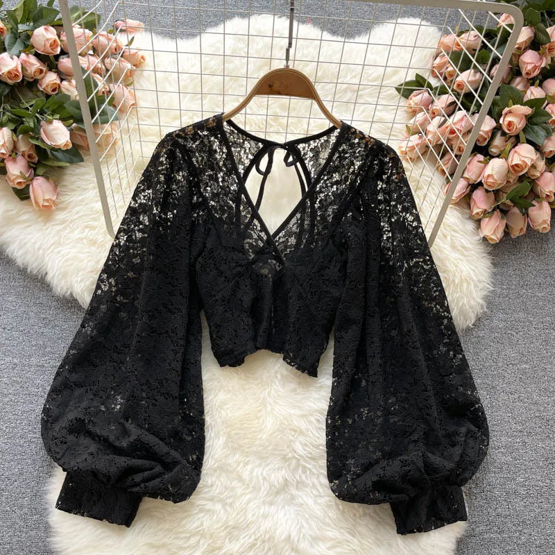ANSZKTN Tie With Backless Thin Short Perspective Hook Flower Lace Shirt Autumn New Korean Version of Foreign Style Small Shirt
