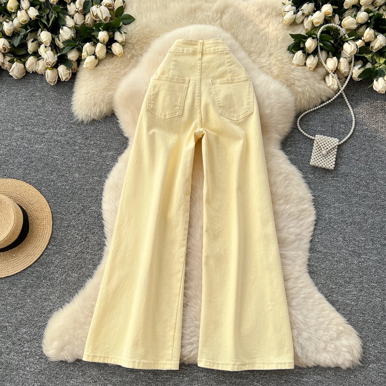 Weekend Skinny High Waist Denim Trousers Straight Cut Streetwear Pants Button Woven